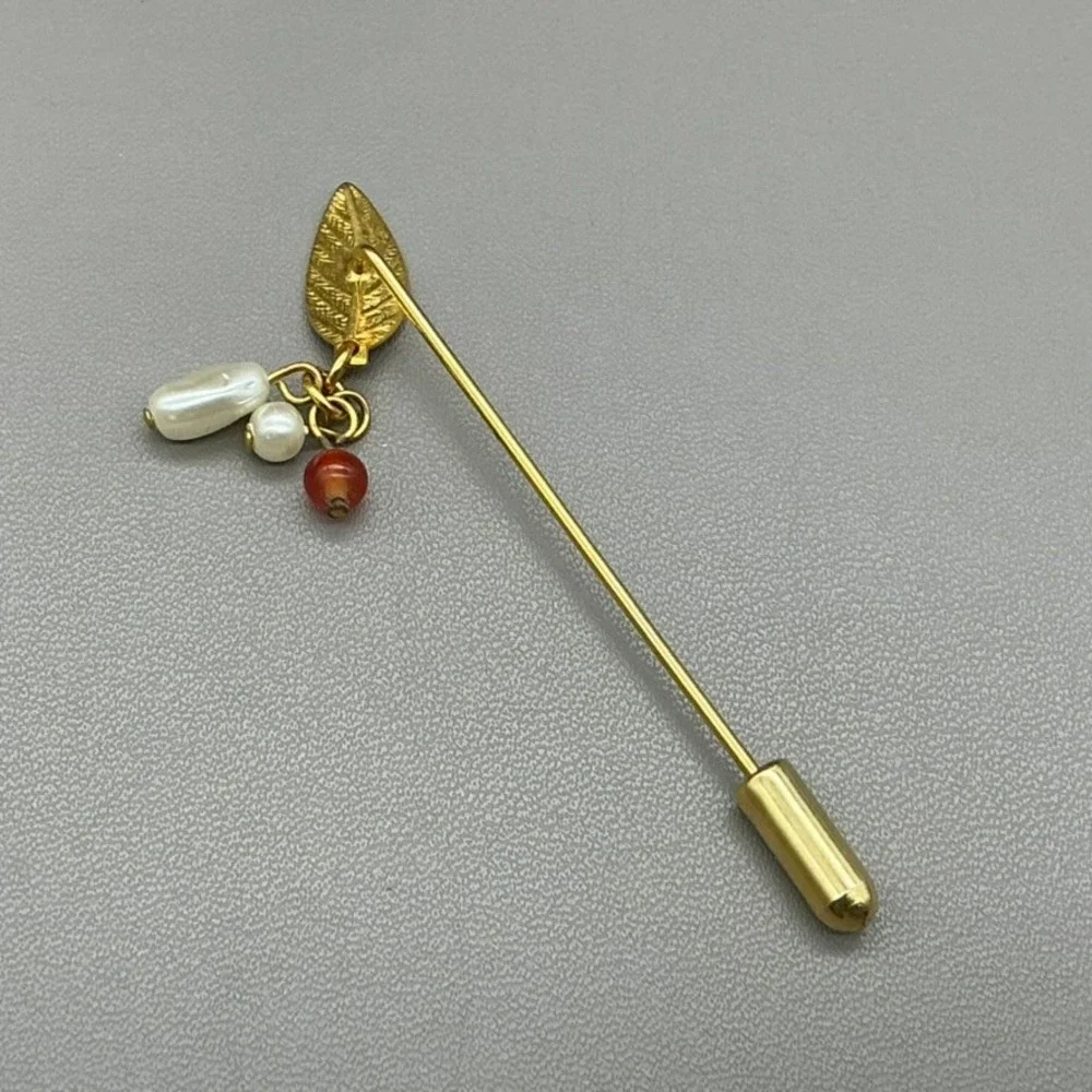 Stick Pin Women Gold Tone Leaf Faux Pearl Red Bead Dangle Vintage Lapel 2.5 Inch